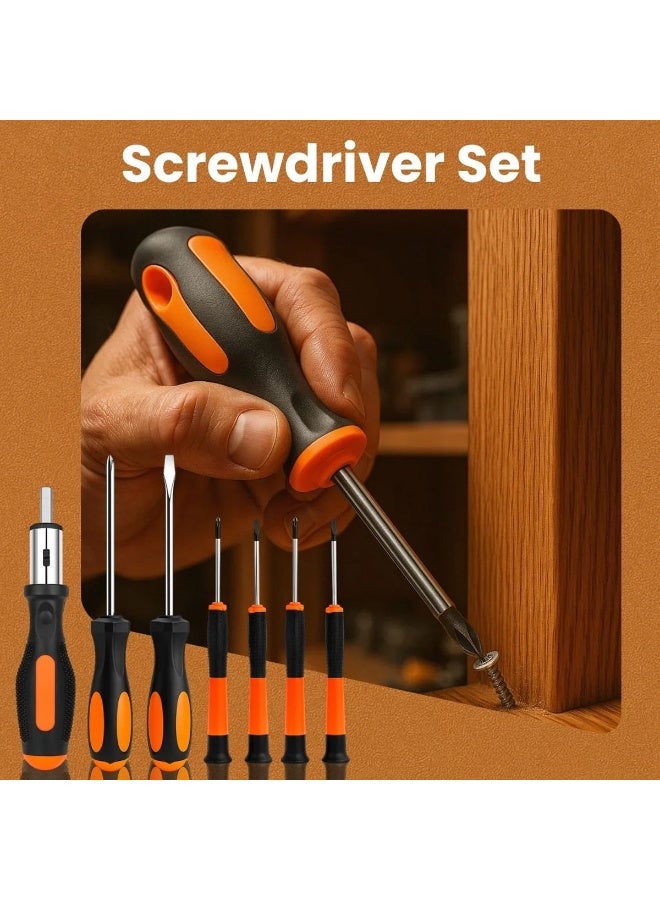 ديفاونز مجموعة أدوات يدوية احترافية شديدة التحمل مكونة من 100 قطعة مع صندوق أدوات، تتضمن منشار يدوي صغير، مجموعة مفكات براغي، كماشة طويلة، مفتاح ربط قابل للتعديل، مفاتيح ألن، شريط قياس، جهاز اختبار الجهد الكهربائي، مناسبة للاستخدام في السيارات والمنزل وأعمال الصيانة والإصلاح وورشة العمل. - Image 3